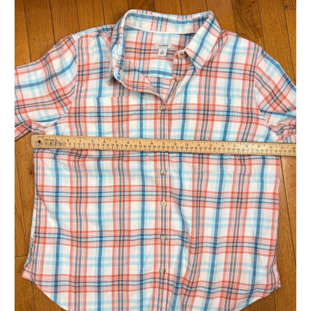 LL Bean Womens Petite S Orange Blue Plaid Cotton Button Down Shirt 506883 - Picture 6 of 7